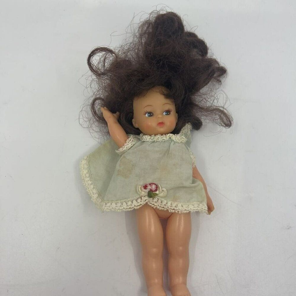 Vintage Baby‎ Girl Doll Brown Wavy Hair Dress with Crocheted Lace Trim 9.5"